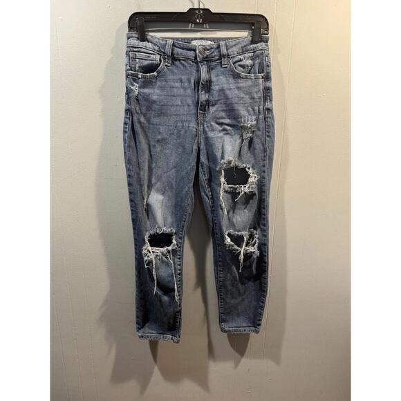 Womens Oasis By Eunina Jeans Size 9 Distressed Denim Blue Inseam 25 Stretchy - Picture 1 of 5